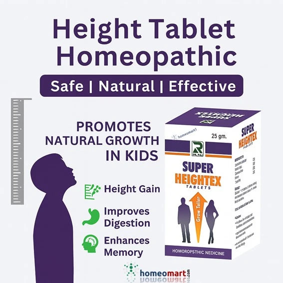 Advertisement for Super Heighttex homeopathic height gain tablets for kids with benefits on a white background.