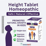 Advertisement for Super Heighttex homeopathic height gain tablets for kids with benefits on a white background.