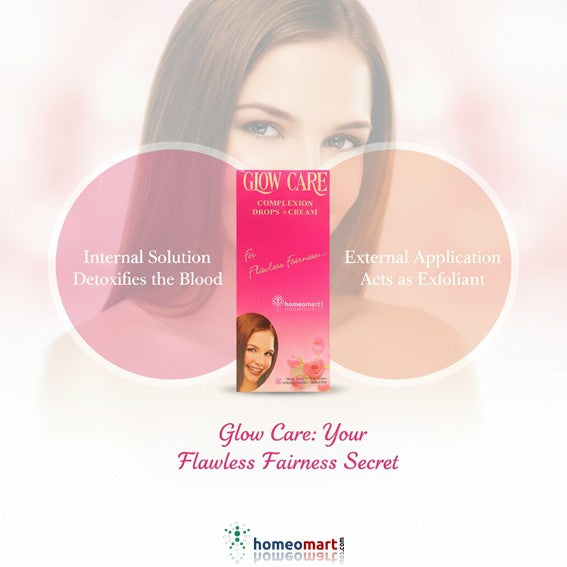 Glow Care product packaging with a woman's face and text on a light pink background