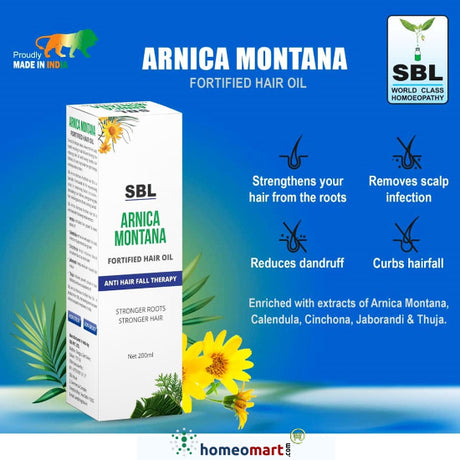 SBL Arnica Fortified Hair Oil combines 5X Arnica with potent herbs to revive roots, reduce dandruff, and restore shine—without greasiness!