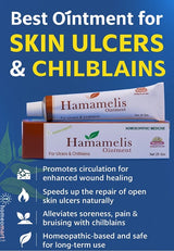 Advertisement for Hamamelis Ointment for skin ulcers and chilblains with product packaging and benefits listed.