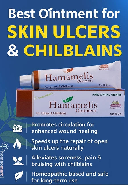Advertisement for Hamamelis Ointment for skin ulcers and chilblains with product packaging and benefits listed.