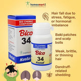 Bico 34 supplement bottle and packaging with text on a yellow background and hair loss icons