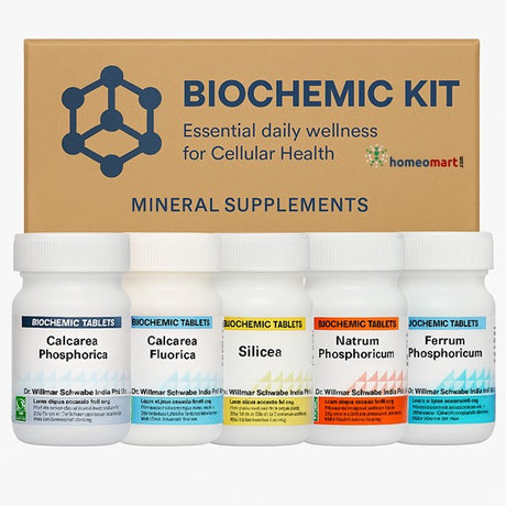 Biochemic kit with various mineral supplement bottles on a white background