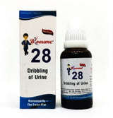 Product packaging for Blooume 28 Prosan Drops, featuring a bottle and box with branding and information about the homeopathic solution for enlarged prostate and prostatitis.