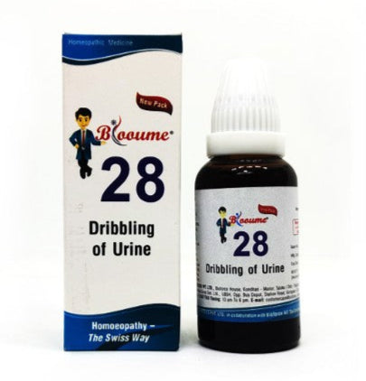 Product packaging for Blooume 28 Prosan Drops, featuring a bottle and box with branding and information about the homeopathic solution for enlarged prostate and prostatitis.