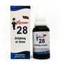 Product packaging for Blooume 28 Prosan Drops, featuring a bottle and box with branding and information about the homeopathic solution for enlarged prostate and prostatitis.