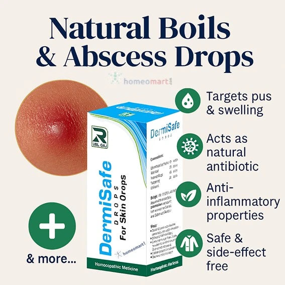 DermiSafe drops packaging for skin drops with product features like boils and abscess treatment  listed on a white background.