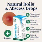 DermiSafe drops packaging for skin drops with product features like boils and abscess treatment  listed on a white background.