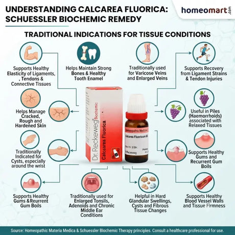 biochemic calcarea fluorica for tooth enamel, medicine for connective tissue weakness, homeopathy for hard glands, remedy for fibrous tissue, homeopathy for weak bones, tissue salt for elasticity, calcarea fluorica for enlarged veins,
