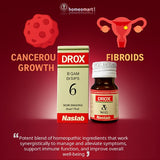 DROX homeopathic products for fibroids and cancerous growth on a red background  