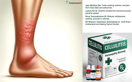 Foot with redness and a box of Cellulitis homeopathy remedy on a white background