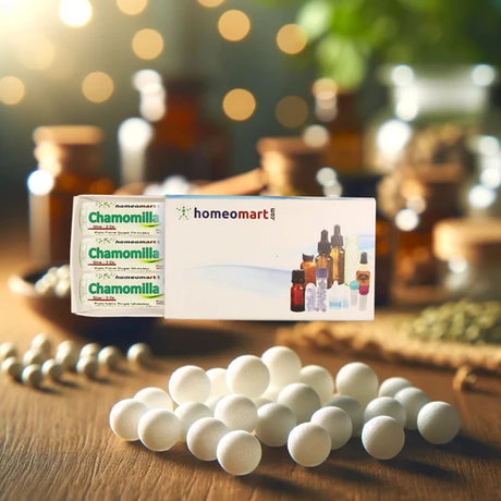 Homeopathy products including tablets, boxes, and bottles on a wooden surface with blurred background.