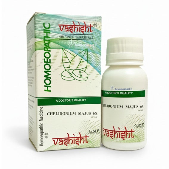 Vashishth homeopathic medicine packaging and chelidonium 6x  bottle on a white background