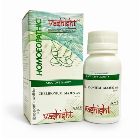 Vashishth homeopathic medicine packaging and chelidonium 6x  bottle on a white background