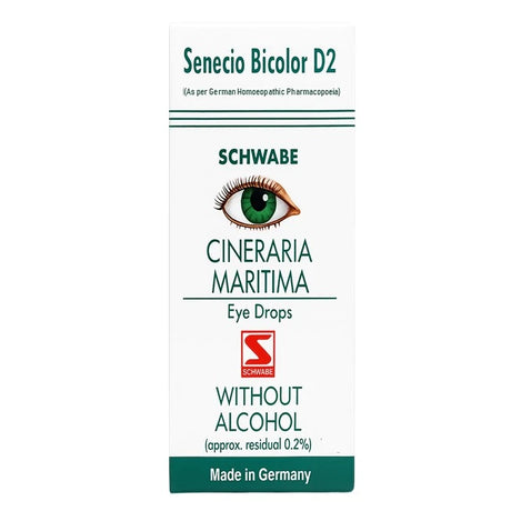 Schwabe Cineraria Maritima eye drops packaging with a green eye illustration on a white background.