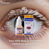 Cineramycin eye drop bottle and packaging with an eye illustration benefits on a close-up of an eye.