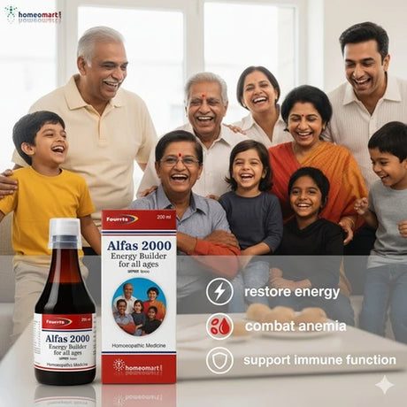 Family gathered around a table with a bottle and box of Alfas 2000 Energy Builder, featuring text about product benefits.