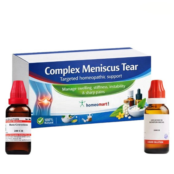 Homeopathic treatment for Complex Meniscus Tear with bottles and packaging on a white background