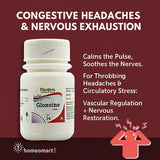 Bottle of homeopathy Glonoine with text on a red background