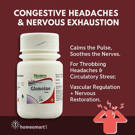 Bottle of homeopathy Glonoine with text on a red background