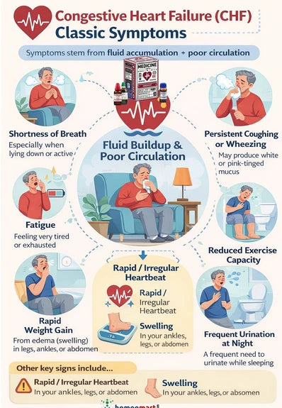 Infographic on congestive heart failure symptoms with icons and text.