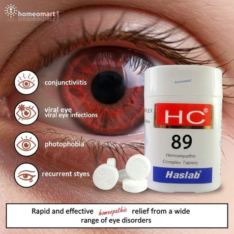 Eye with redness and a bottle of Haslab HC 89 Homeopathic Complex Tablets on a beige background and eye disorders icons