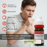Person with respiratory issues against a bottle of Corallium Rub, with product benefits in whooping cough, asthma etc on a white background.
