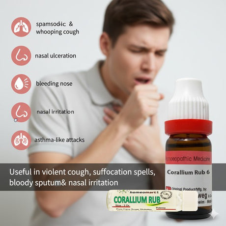 Person with respiratory issues against a bottle of Corallium Rub, with product benefits in whooping cough, asthma etc on a white background.