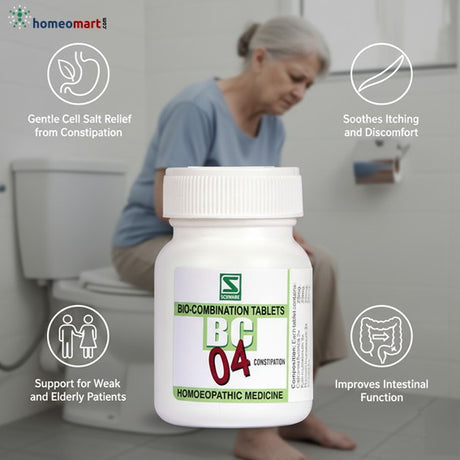 Bottle of Bio-Combination Tablets BC 04 with a elderly person using the toilet in the background, labeled 'homeomart'.
