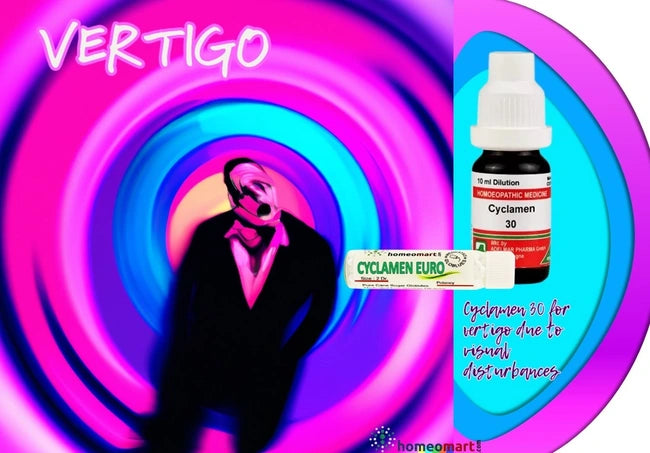 Cyclamen Euro and a bottle of homeopathic medicine on a colorful background with 'Vertigo' text.