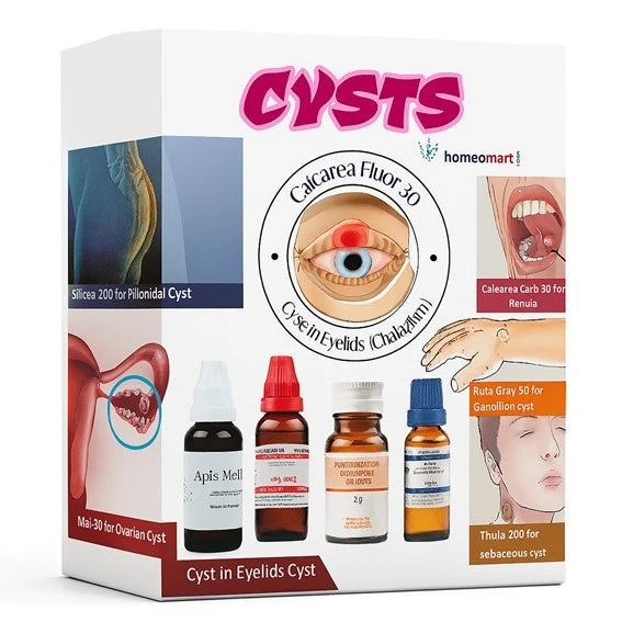 Homeopathic treatment packaging for cysts with illustrations and product bottles.