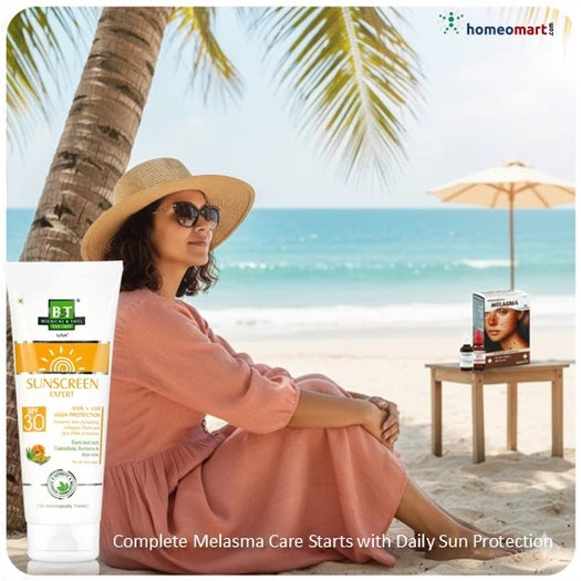 Woman on a beach with sunscreen and a box, promoting melasma treatment alongwith daily sun protection cream with SPF 30