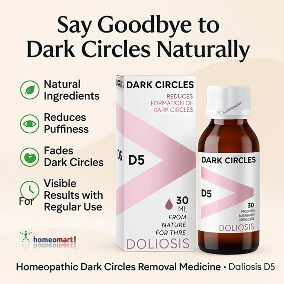 Doliosis D5 homeopathic dark circles removal medicineinfographic with bottle and box on a beige background.