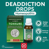 Lord's Toxkure homeopathic medicine bottle and packaging on a green background with infographic on deaddiction effects