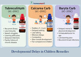 Homeopathy remedies for developmental delays in children with product images and infographic on key milestones