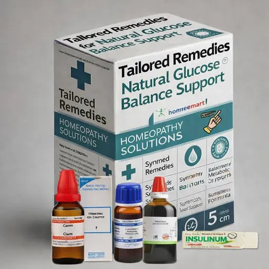 Tailored Remedies Natural Glucose Balance Support (Diabetes Care) packaging with homeopathic remedies on a gray background