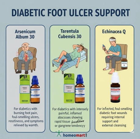 Homeopathic treatment options for diabetic foot ulcers with illustrations and product descriptions.