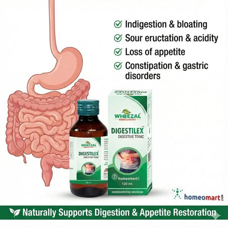 Wheezal Digestilex digestive tonic with an illustration of the gastrointestinal system on a white background.
