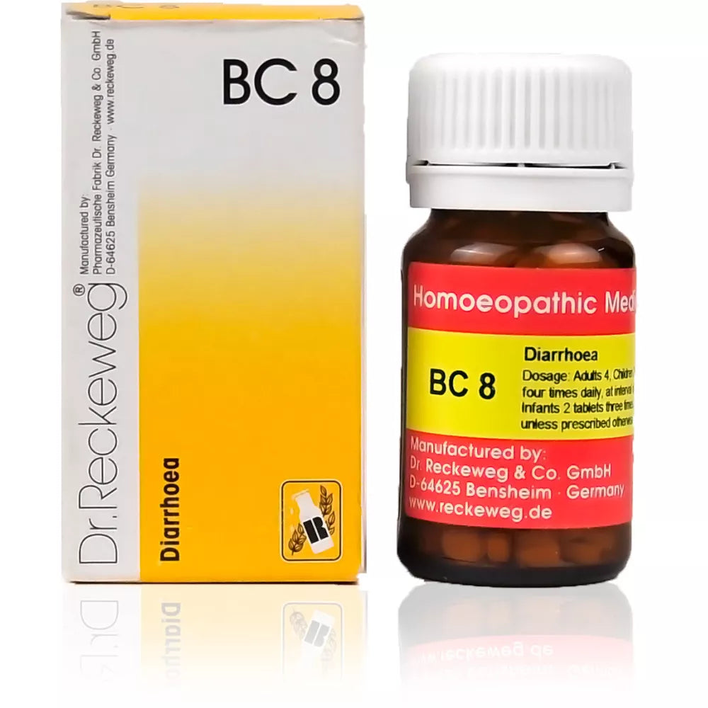 reckeweg German bc 8 tablets, diarrhoea homeopathy, loose motions medicine, teething diarrhoea remedy, watery stool treatment, homeopathic tablets for diarrhoea, bio combination 8, schussler tissue salts,