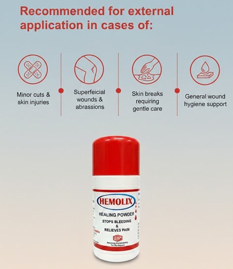 Hemolix healing powder bottle with skin benefits on a gradient background