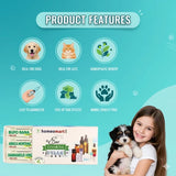 Product features of a homeopathic remedy for pets on a blue background with a girl holding a dog.