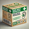 Medicine delivery box labeled 'Ear Wax Removal Kit' with sub-label 'Homeopathy Remedies' and additional sub-sub label 'Doctor Rx'. The box features an icon of an ear and a medical doctor sign, and is made of eco-friendly cardboard with a secure closure