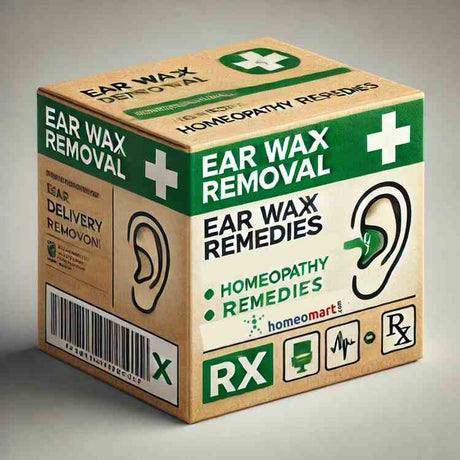 Medicine delivery box labeled 'Ear Wax Removal Kit' with sub-label 'Homeopathy Remedies' and additional sub-sub label 'Doctor Rx'. The box features an icon of an ear and a medical doctor sign, and is made of eco-friendly cardboard with a secure closure