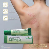 DERMI-X Cream packaging with a person showing Urticaria skin issues on a gray background