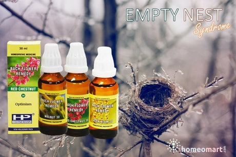 Bach flower remedies with a nest and 'Empty Nest Syndrome' text on a blurred natural background