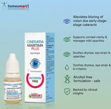 Cineraria Maritima Plus eye drops with packaging on a light blue background with eye care benefits 