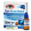 Eye strain relief product packaging with a bottle and box on a white background