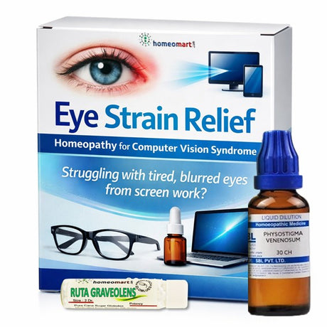 Eye strain relief product packaging with a bottle and box on a white background