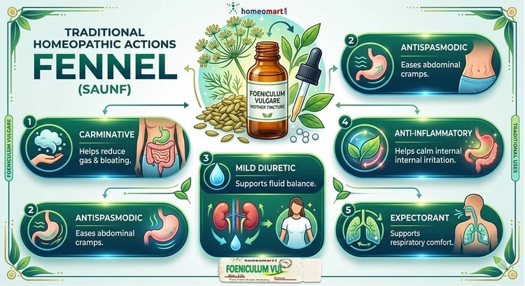 Homeopathic health benefits of fennel with illustrations and text on a green background. Carminative – helps reduce gas & bloating, Antispasmodic – eases abdominal cramps
